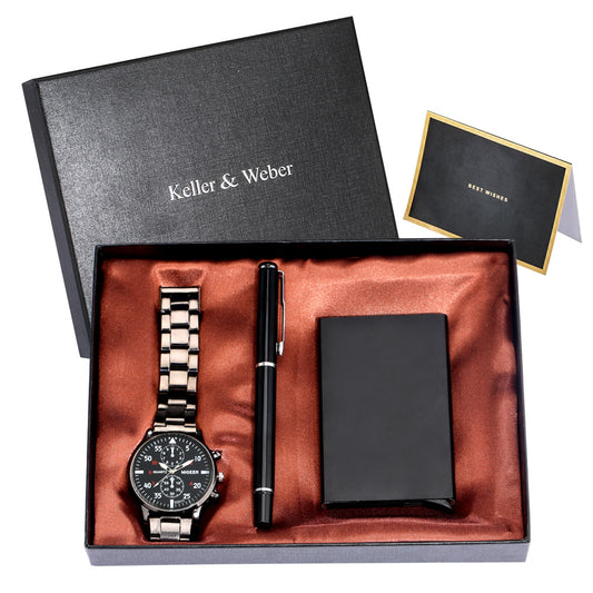 Men's Quartz Watch Credit Card Case Gel Pen Set - Luxury Look