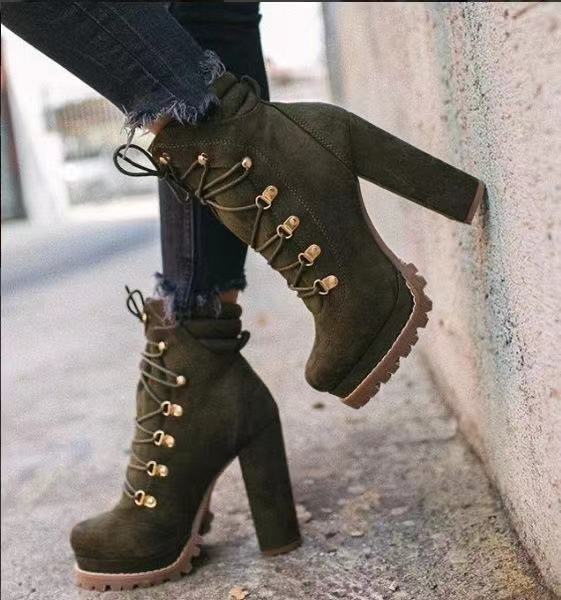 Women Round Toe Lace UP High Heeled Boots - Luxury Look