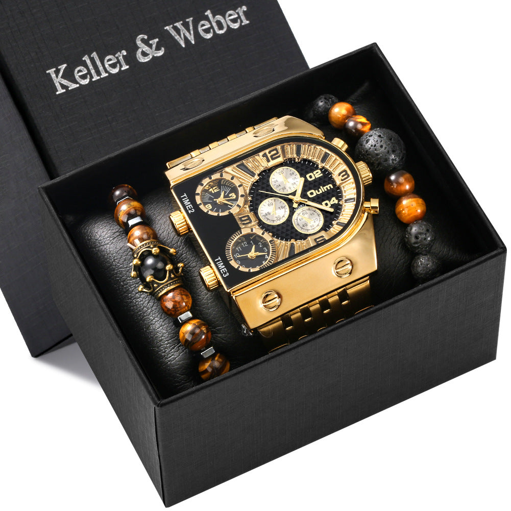 Men's Steel Belt Quartz Watch with 2 Bracelets Set - Luxury Look