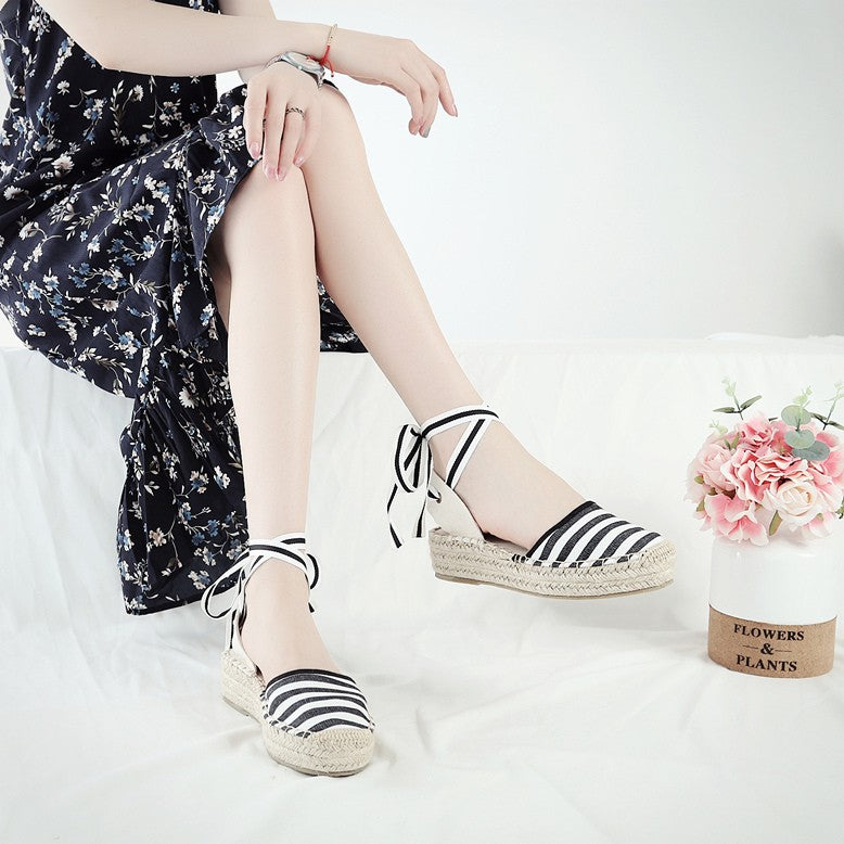 Roman Style Shoes Lace Up Sandals Muffin Thick Sole - Luxury Look
